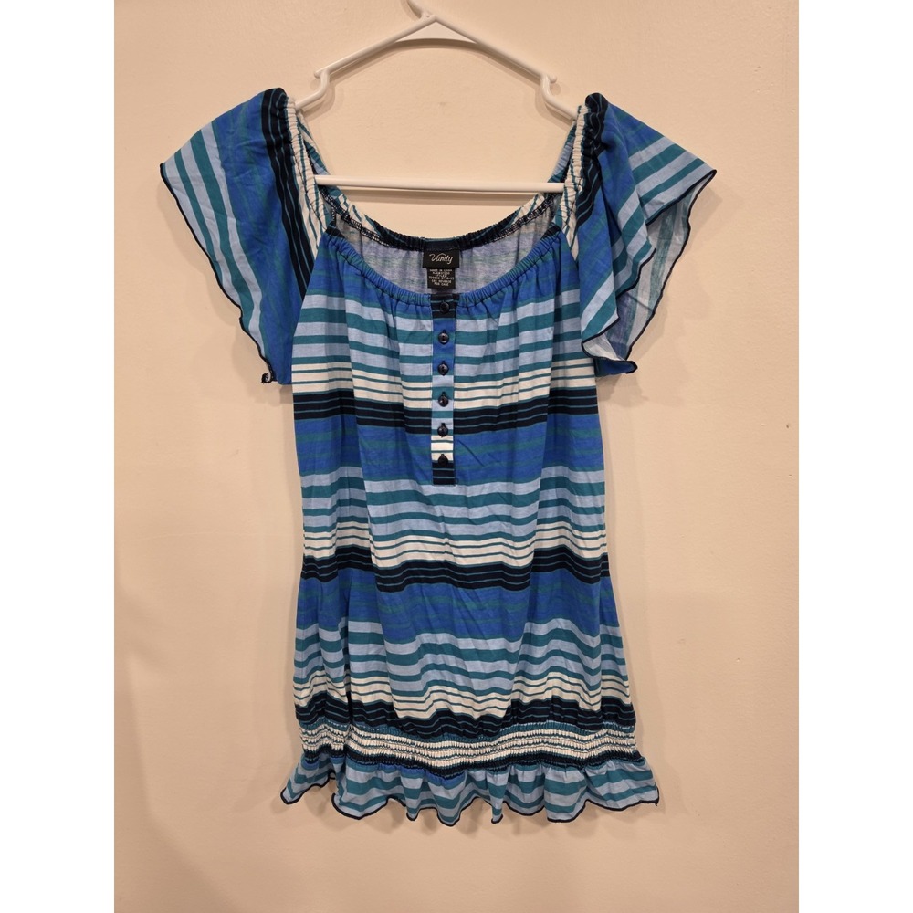 Vanity Y2K Blue Teal Striped Babydoll Top Flutter Sleeve Ruffle Preppy